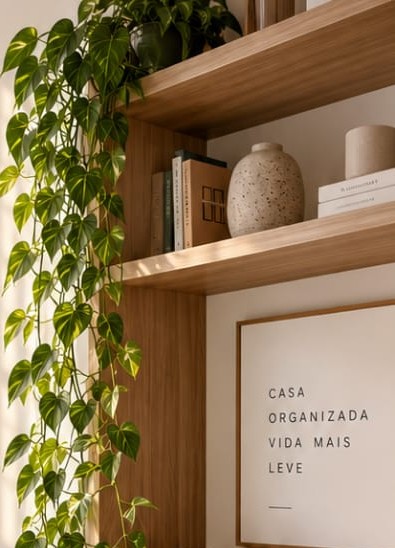 Estante organizada com plantas, livros e quadro com a frase Casa organizada, vida mais leve
