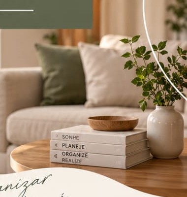 Sala aconchegante com sofá, almofadas e plantas